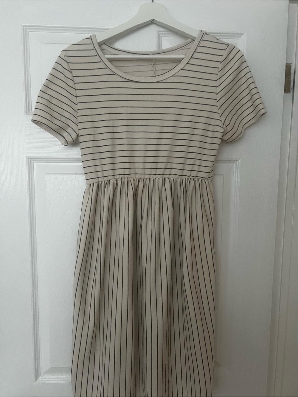 Maternity Striped Short Sleeve Midi Dress in Beige and Black
